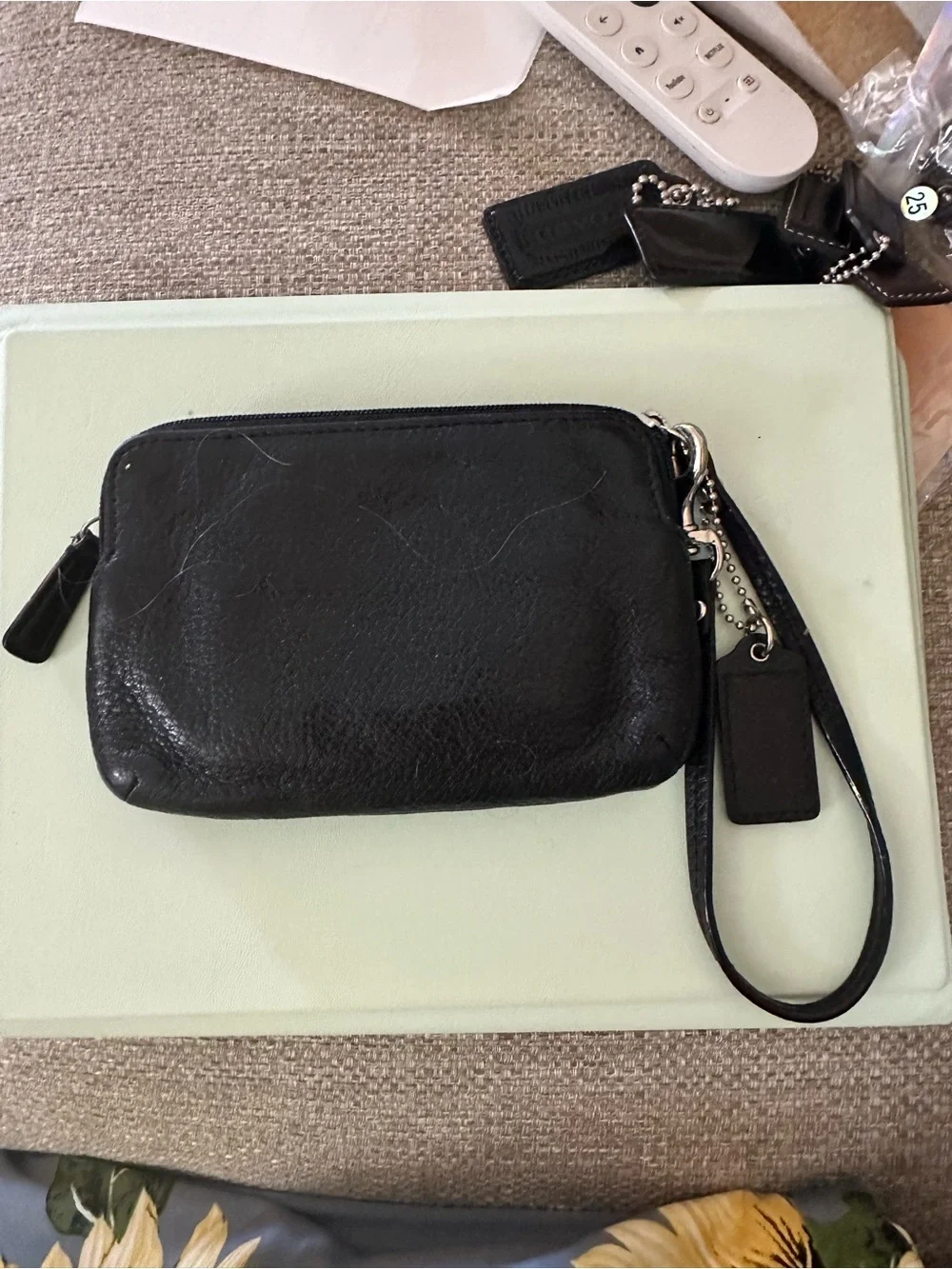 COACH Black Pebbled Leather Double Zipper Wristlet, Logo Disc, Ice Blue Lining